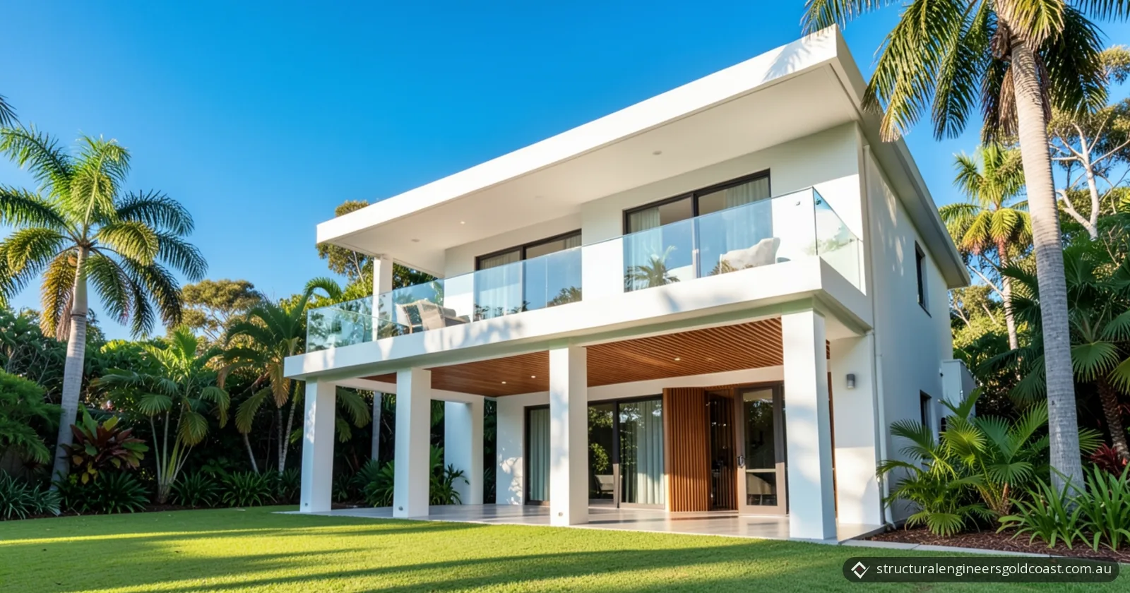 A modern two-storey white rendered house with an upper-floor balcony edged by a frameless glass balustrade, white columns over a covered patio with a timber-battened ceiling, palm trees and a lawn under a blue sky