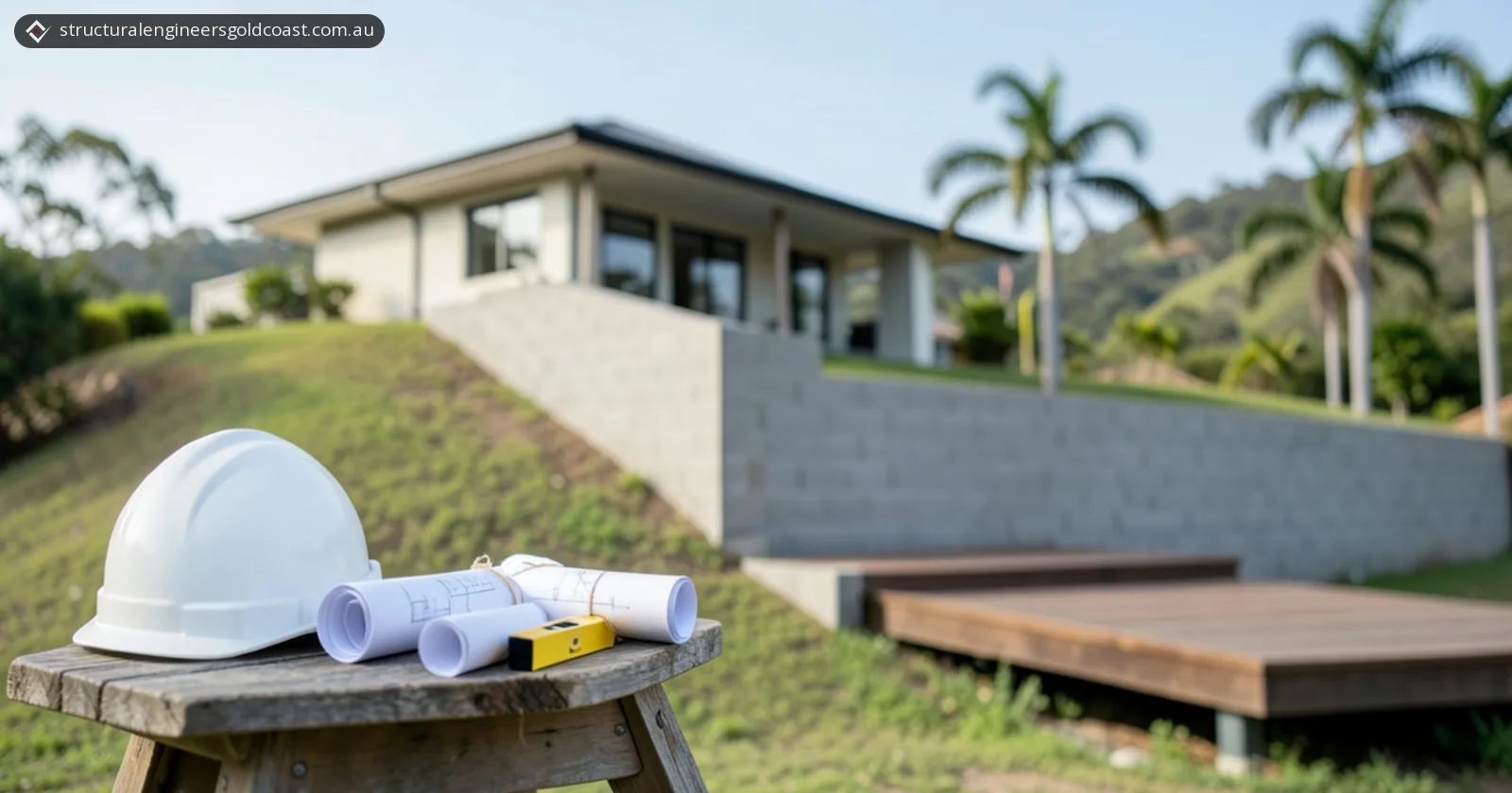 A white hard hat, rolled construction drawings tied with string and a yellow spirit level on a weathered timber stool, with a house on a grassy slope, a grey block retaining wall and a low timber deck blurred behind