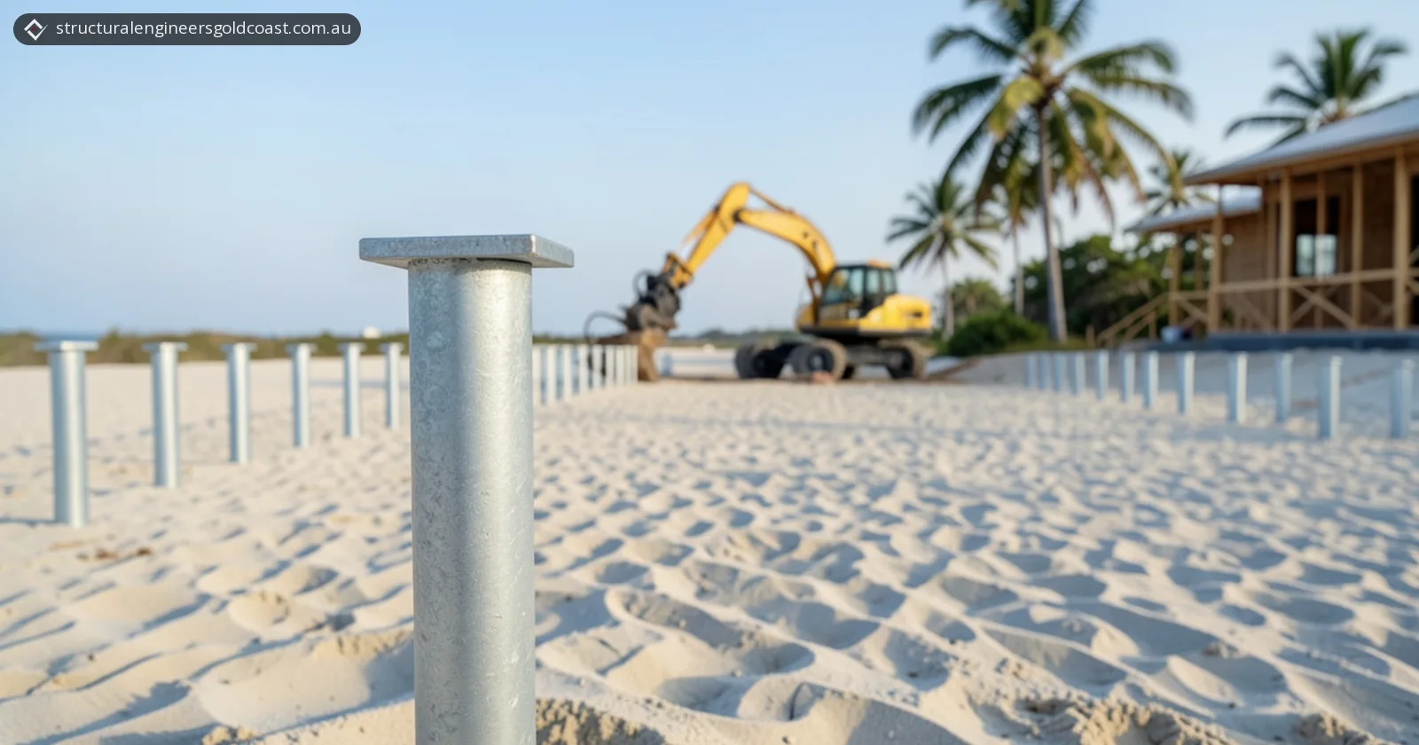 A galvanised round steel pile with a flat square cap plate standing in pale sand, with rows of other steel piles, a yellow excavator with a drive attachment, palm trees and a timber house frame behind