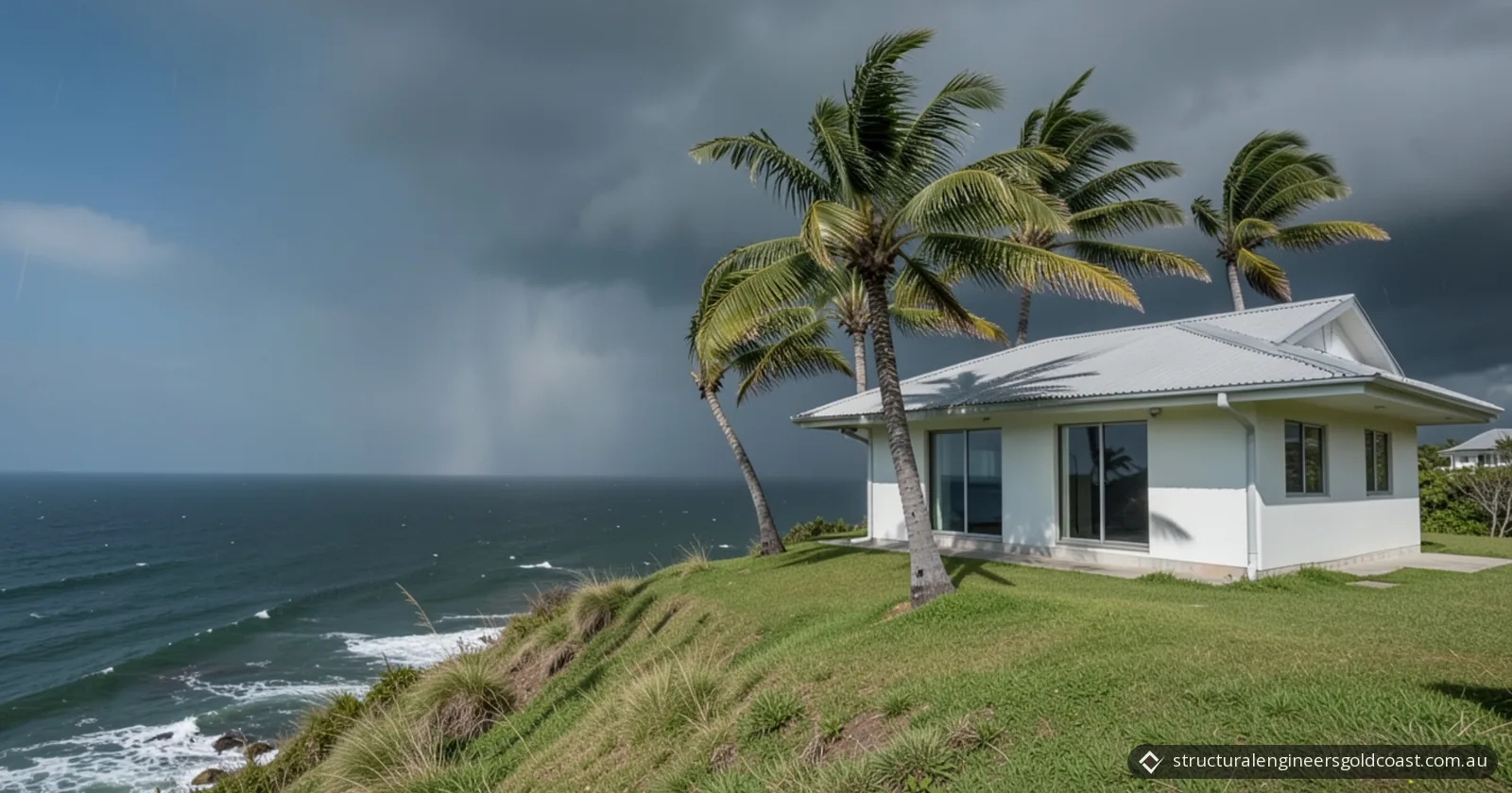 A white single-storey house with a corrugated metal roof on a grassy headland above the sea, with palm trees bending in strong wind and a rain squall under storm clouds offshore