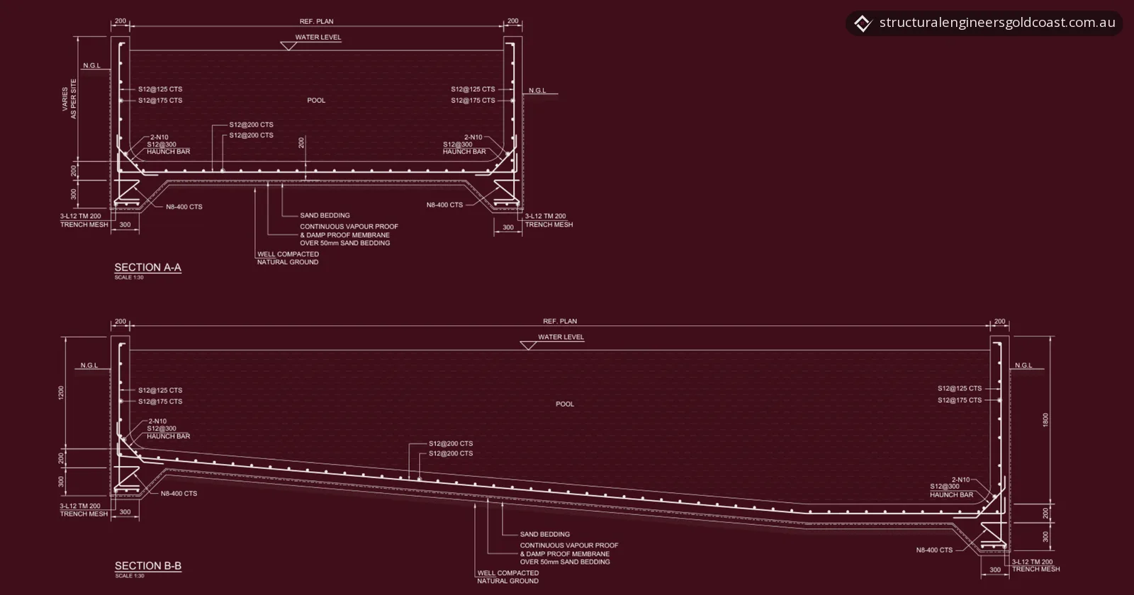 Two cross-sections through a reinforced concrete swimming pool, drawn in light lines on a dark red background, showing the wall and floor reinforcement and a floor sloping from the shallow end to the deep end