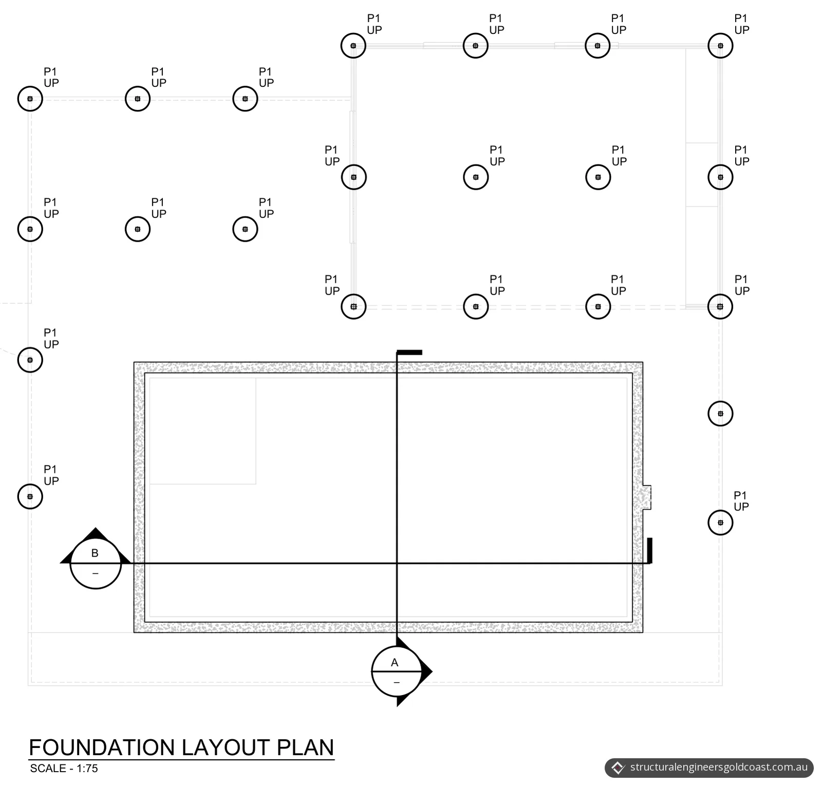 Foundation layout plan with deck piers set out beside and above a rectangular pool, and section lines A and B across the pool