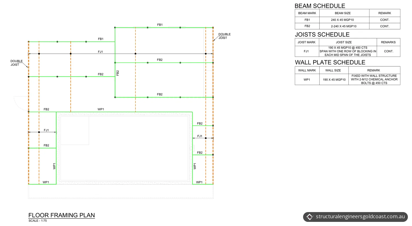 Floor framing plan of a timber deck around a pool, with beam, joist and wall plate schedules