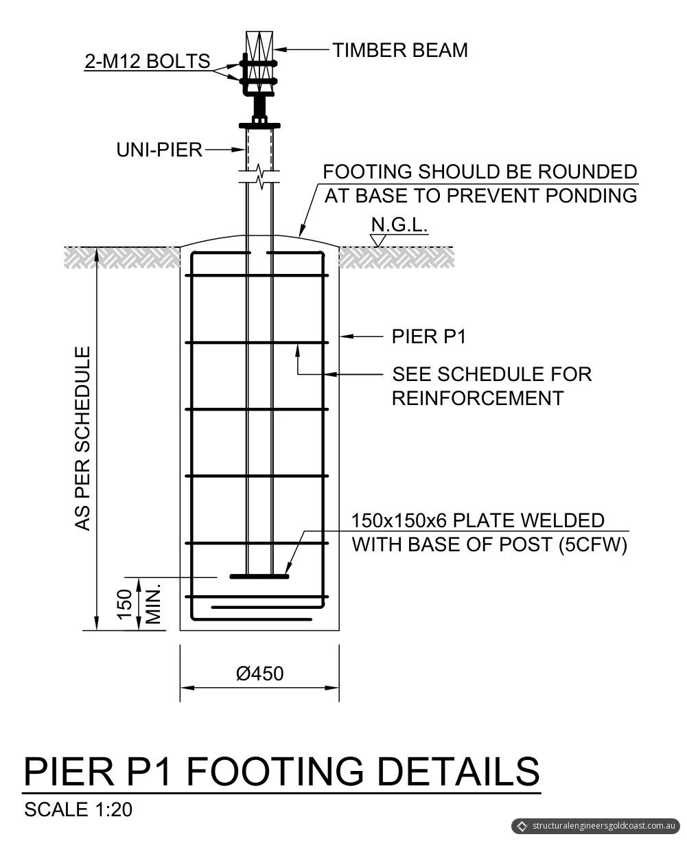 Section through a 450 mm concrete pier with a steel stump on a base plate inside it and a timber beam bolted on top
