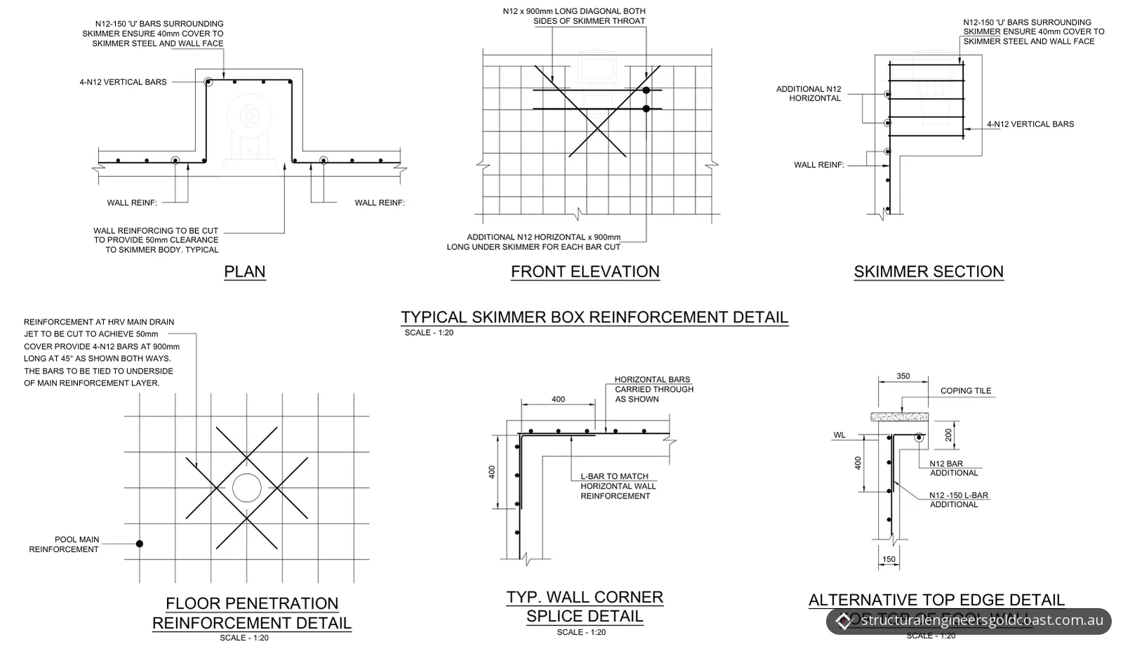 Reinforcement details for the skimmer box, a floor penetration, a wall corner and the top edge of the pool wall