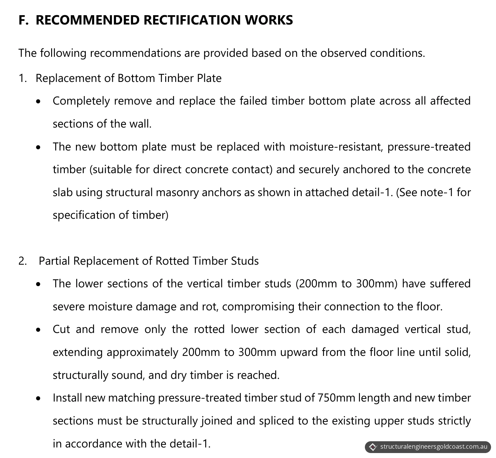 Report page with the recommended rectification works for the bottom plate and the studs