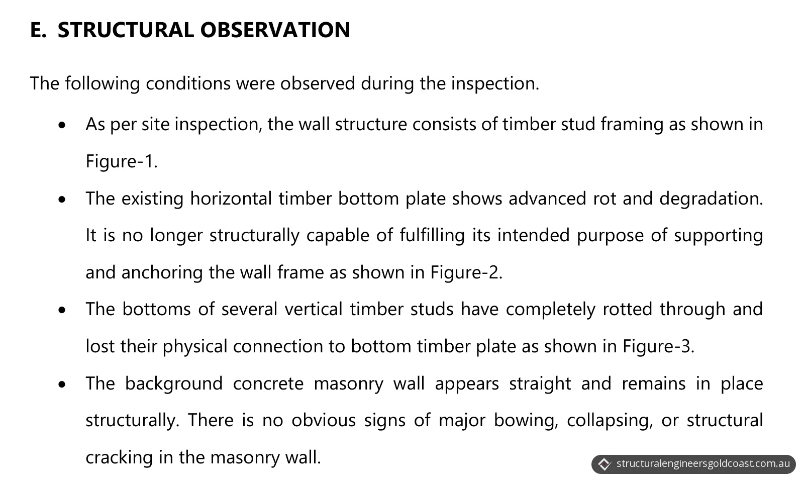 Report page listing the structural observations for the timber stud wall