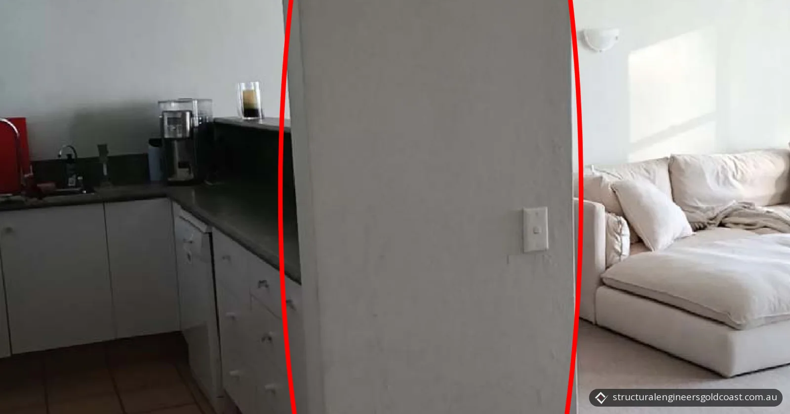 Painted block wall circled in red between a tiled kitchen and a carpeted living room